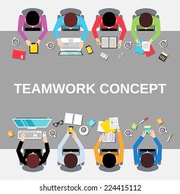 Business Team Teamwork Concept Top View Office People Group On Long Table Vector Illustration