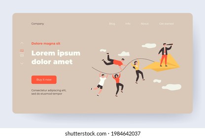Business team and teamwork metaphor. People holding rope of paper airplane, team leader with spyglass standing in front. Vector illustration for business, planning, challenge concept