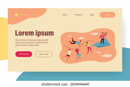 El equipo de negocios y la metáfora del trabajo en equipo. Gente sosteniendo una cuerda de avión de papel, líder del equipo con vidrio espía parado delante. Ilustración vectorial para empresas, planificación, concepto de desafío