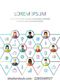 Business team as teamwork, togetherness, unity, oneness, cooperation, partnership, collaboration concept. Diverse people and icons. Diversity, group connected together by lines. Infographic, icon set.