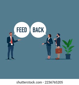 Geschäftsteam erzählt einander Feedback. Feedback der Mitarbeiter, Nachrichtendiskussion, Kommentar zueinander. Flache Vektorgrafik. 