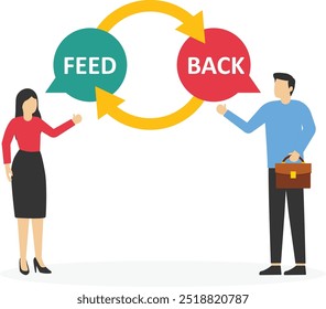 Equipe de negócios contando comentários uns aos outros. Feedback dos funcionários, discussão de mensagens, comentários uns sobre os outros. Ilustração vetorial moderna plana.

