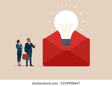 Business team thinking looking on with big e-mail with light bulb. Think big, aspiration to win and success in business, big idea from creativity and imagination to overcome fear. 