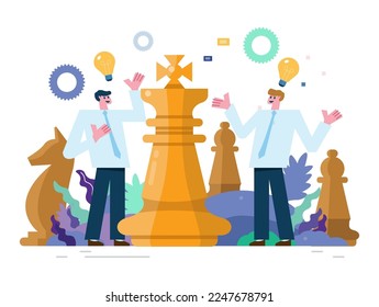 Business team thinking together while playing Big chess. Business teamwork and strategy concept. Flat illustration vector design