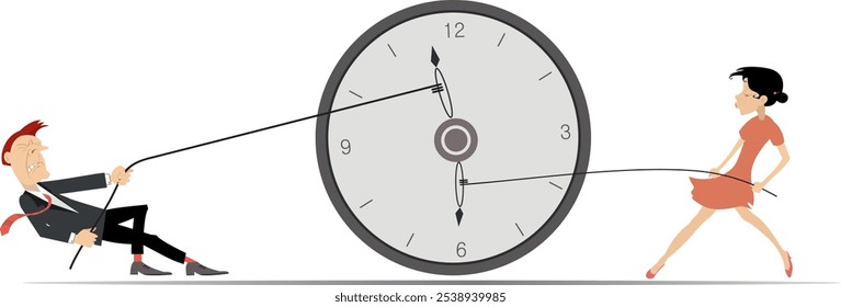 Business team. Time concept. Deadline. 
Businessman and businesswoman using a rope to stop arrow on the clock. Pushing back hour concept. Teamwork
