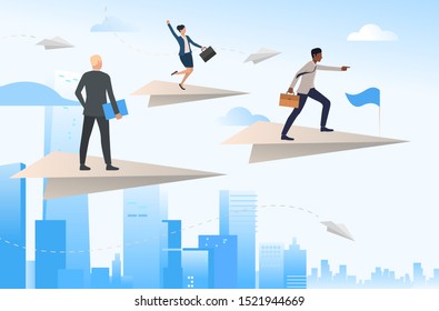 Business team traveling on flying paper planes. Challenge, opportunity, pointing forward, teamwork. Leadership concept. Vector illustration for topics like business, development, success