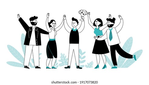 Business team with trophy. Flat people reward, achieving or success of employees. Victory celebration, office winners group decent vector concept