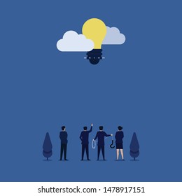 Business team try to link idea balloon with question hook metaphor of problem solving. Illustration For Wallpaper, Banner, Background, Book Illustration, And Web Landing Page.