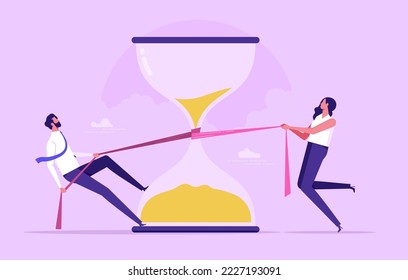 Business team is trying to stop time. Deadline and time management concept. Modern flat vector illustration