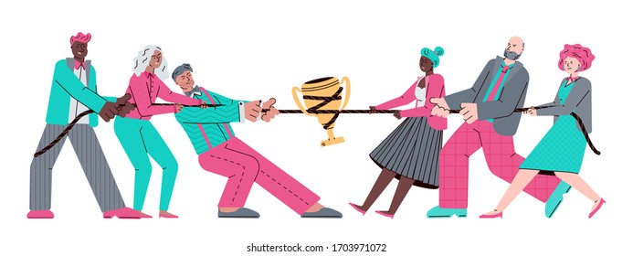 Business team tug of war competition flat cartoon vector illustration isolated.
