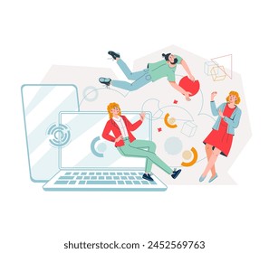 Business team use online workflow tool for team collaboration and business efficiency. Team networking processes in a digital environment, flat vector illustration on white background.