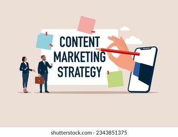 Business team use pencil to draw Content Marketing Strategy.  Modern vector illustration in flat style