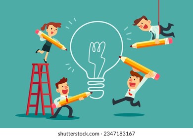 Business team use pencil to draw big idea bulb. Creative teamwork business concept.