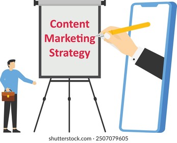 Business team use pencil to draw Content Marketing Strategy. Modern vector illustration in flat style

