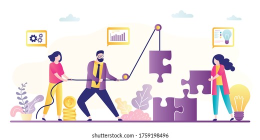 Business team use rope raise parts of puzzle. Creativity in business. Teamwork and brainstorming. Office people working together, team building. Employees with new project. Flat Vector illustration