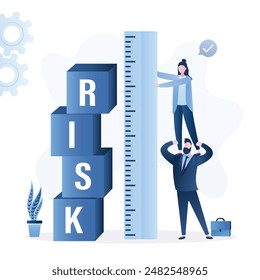 Business team uses big ruler for measuring  financial risk. Cubes with text - RISK. Business strategy, planning. Risk management, protection from bankruptcy, concept banner. Flat vector illustration