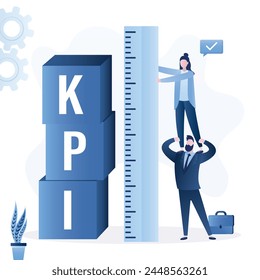 Business team uses ruler for measuring KPI. Cubes with text - Key Performance Indicator. Metrics to measure business success or marketing campaign goal and target achievement. Strategy, planning.