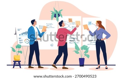 Business team using and attaching sticky notes to whiteboards, collaborating on a development strategy in a modern creative workshop, flat design vector illustration on white background