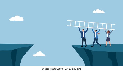 Equipo de negocios que utiliza la escalera para cruzar a través de la brecha entre la colina. Trabajo en equipo, riesgo y Ilustración vectorial del concepto de éxito.