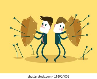 Business Team using shields for self-defense  arrows attack. Business risk investment and     teamwork concept design. vector illustration