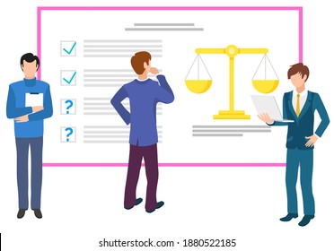 Business team vector, boss with employees working on project. Man looking at stats and info with scale balance symbol. People with helper teamwork