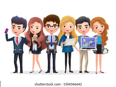 Business team vector characters. Business characters marketing team and manager standing with job teamwork in white background. Vector illustration.