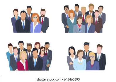 Business team vector concepts set. People in strict clothing standing together and looking on viewer isolated flat illustration. Faceless men and women characters on working collective group portrait