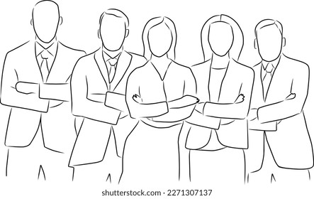 Business team, vector. Hand drawn sketch. The company of several people, men and women in business clothes.