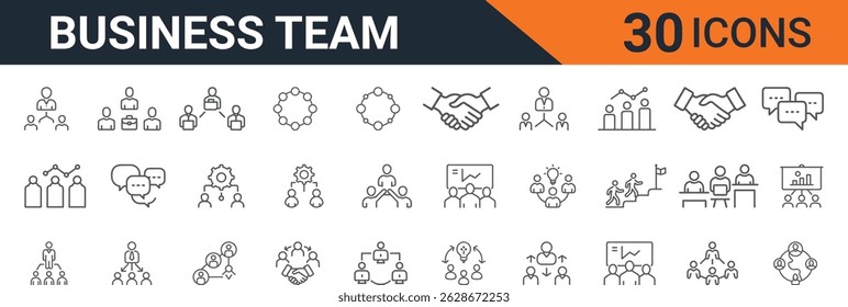 Business Team Vector Icon Set Featuring People, Communication, Collaboration, and Corporate Organization in Line Style