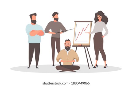 Business team. Vector illustration of diverse men and women. Report, profit growth, office workers team. Isolated on white.