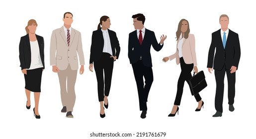 Business team. Vector illustration of diverse cartoon men and women in office outfits walking and talking to each other. Isolated on white.