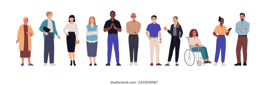 Business team. Vector illustration of diverse cartoon men and women of various ethnicities, ages, and body types in office outfits. Isolated on white.