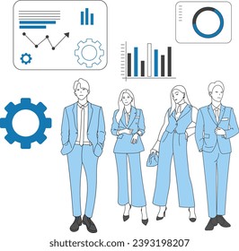 Business team. Vector illustration of diverse cartoon men and women in office clothes, ready to brainstorm together