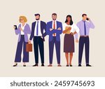 Business team. Vector illustration in simple flat style of diverse cartoon young men and women in office outfits. Isolated on background 