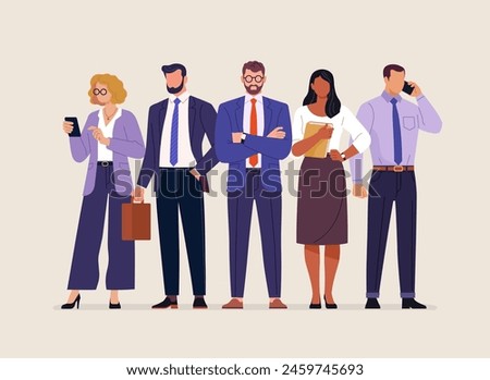 Business team. Vector illustration in simple flat style of diverse cartoon young men and women in office outfits. Isolated on background 