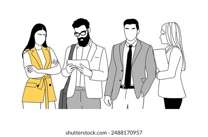 Business team vector outline illustration on white background. Business men, women, standing together, using gadgets, taking part in business activities, meeting, discussing.