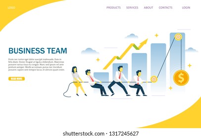 Business team vector website template, web page and landing page design for website and mobile site development. Business people pulling dollar coin on rope.