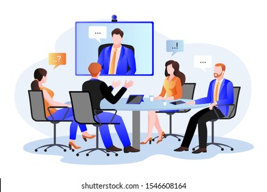 Business team at the video conference call in boardroom. Vector flat cartoon illustration. Online meeting with CEO, manager or director. Consulting and training concept.