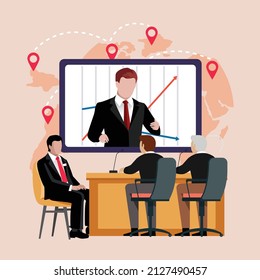 Business team at the video conference call in boardroom with Chief Executive Officer. Vector colorful illustration.