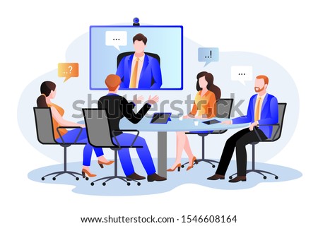 Business team at the video conference call in boardroom. Vector flat cartoon illustration. Online meeting with CEO, manager or director. Consulting and training concept.