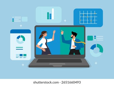 Business Team Virtual Meeting with Data Charts on Laptop Screen for Online Collaboration and Digital Analysis