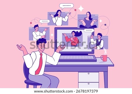 A business team in a virtual meeting using a video conference call. A man at a desk communicates with a remote workforce online. Vector illustration for remote work, collaboration, and webinar. 
