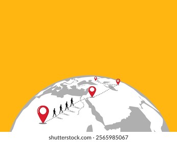 Business team walk along the world map pins, expand branches, travel, search for new businesses