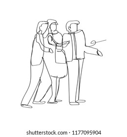 business team walking in continuous line drawing style, thin linear vector illustration