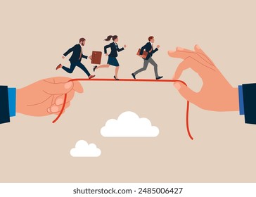 Business team walking on rope. Business team running from hand to hand. Business deal, agreement, contract, executive handshaking. Modern vector illustration in flat style