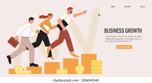 Business team walking success ladder or steps banner, web page. High potential and  company developement, growth. Concept of business success, leadership, innovation. Characters follow growing arrow.