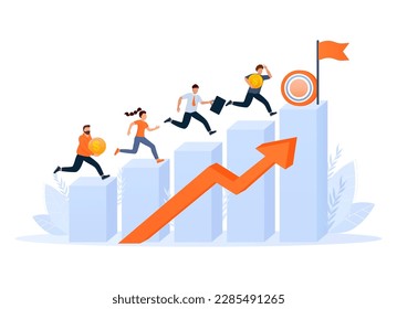 Business team walking success ladder or steps banner, web page. Flat design concept of business analysis and planning, increase profits, business growth