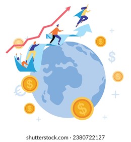 Business team walking success ladder or steps banner, web page. High potential and company development, growth. Concept of business success, leadership, innovation. Characters follow growing arrow.