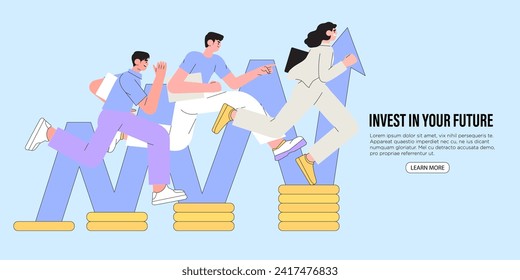 Business team walking success ladder or steps banner, web page. High potential and  company developement, growth. Concept of business success, leadership, innovation. Characters follow growing arrow.