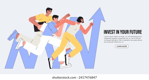 Business team walking success ladder or steps banner, web page. High potential and  company developement, growth. Concept of business success, leadership, innovation. Characters follow growing arrow.